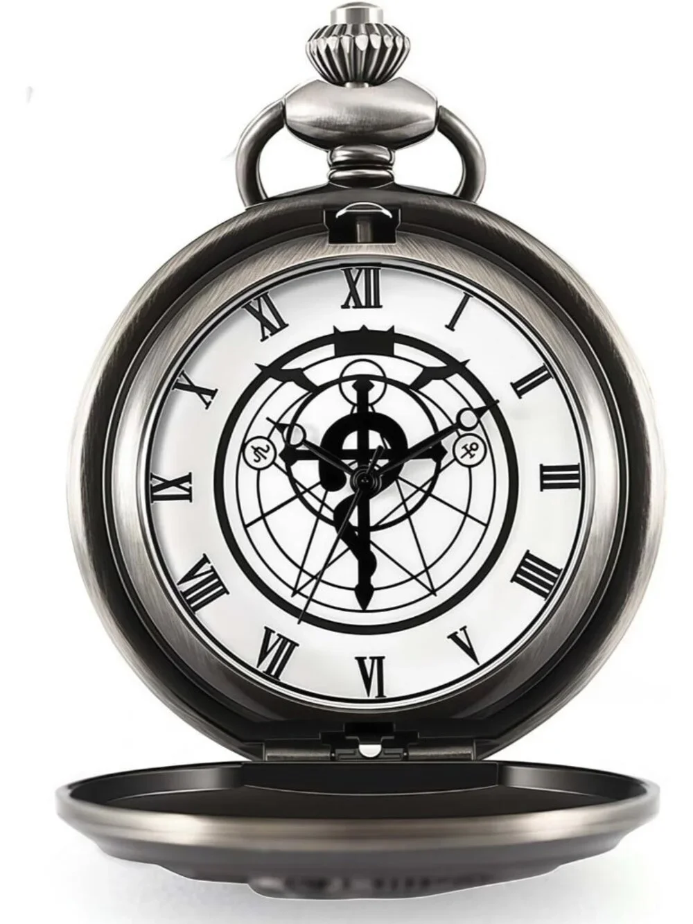Mens Black Quartz Engraved Fulmetal Alchenist Arabic Numerals Chain Pocket Watch